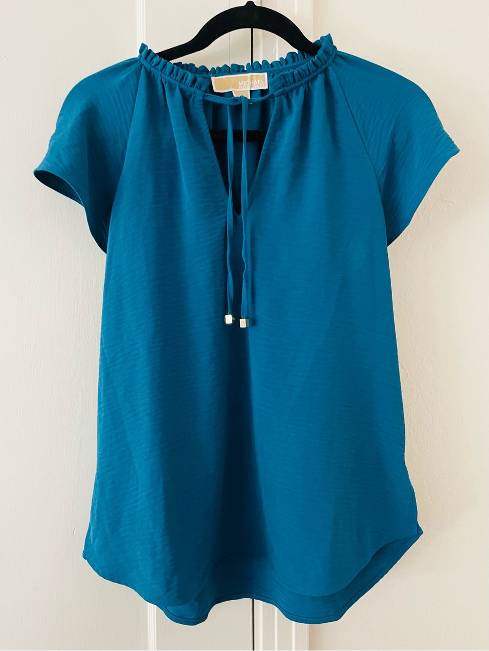 MICHAEL Michael Kors Teal Short-Sleeve Ruffle-Neck Blouse